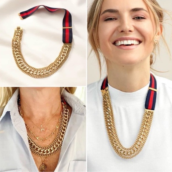 Stella & Dot Gold Tres Bien Chain Necklace with Navy/Red Accents; Like New!